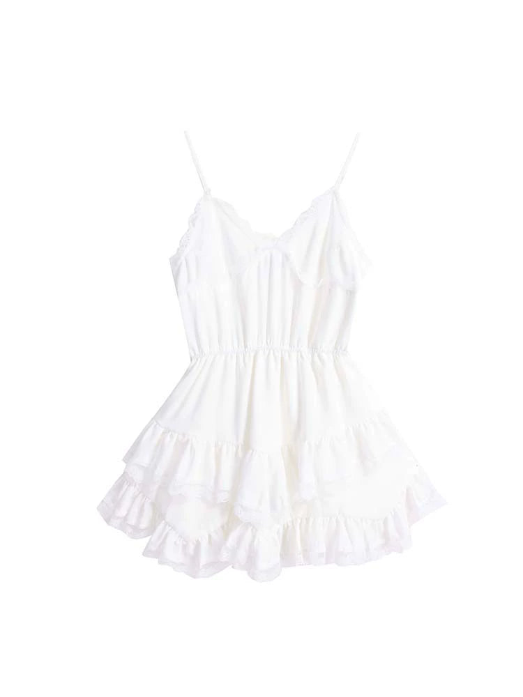 White Ballet Lace Slip Dress - Spring New Cinched Waist A-Line Cake Skirt