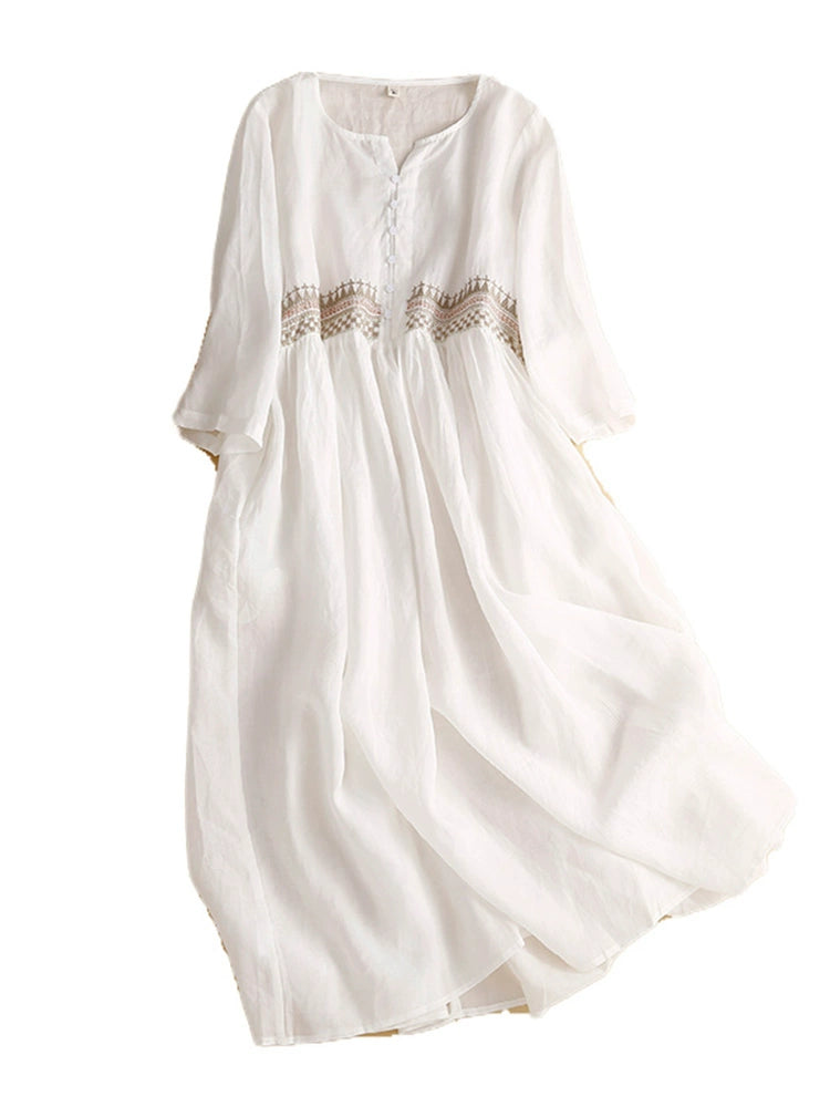 French Brand Cut-Label Ramie Shirt Robe - Retro Embroidered Short-Sleeved Cotton Linen Dress